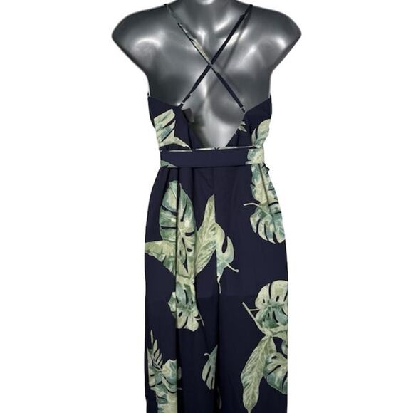 Womens Faux Wrap Jumpsuit Tropical Print Monstera Backless Navy Blue Size Small - Picture 2 of 9